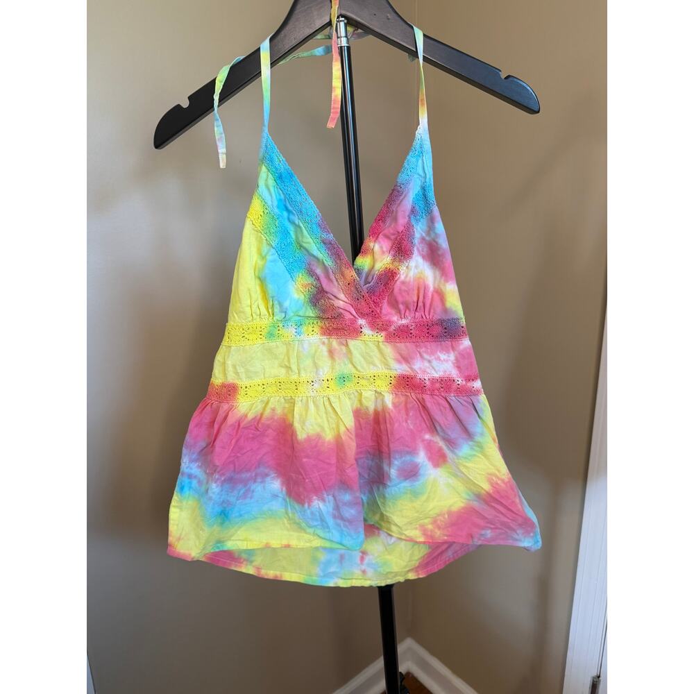 Y2K Broadway Tie Dye Babydoll Tank Top XS Rainbow Crochet Trim Boho